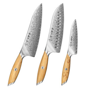 XINZUO New 3 Pcs Knife Set Damascus Powder Steel Kitchen Sharp Chef Knives Premium Olive Wood Handle