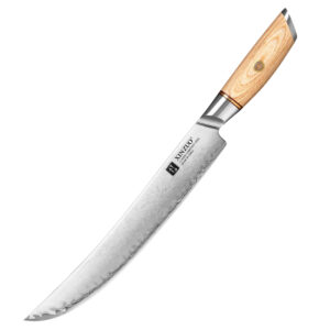 XINZUO Hot Sale10 Inch 3 Layers Composite Stainless Steel Pakka Wood High Quality Kitchen Slicing Carving Knife Manufacturer