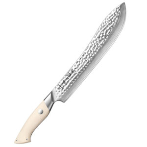 High Quality Damascus Steel Sharp Kitchen Meat Butcher Knife 10 Inch White G10 Handle Hammer Pattern