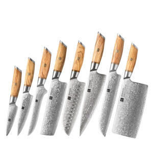 XINZUO Hot Sale 8pcs Custom Damascus Powder Steel Knives Japanese Kitchen Chef Knife Set with Olive Wood Handle