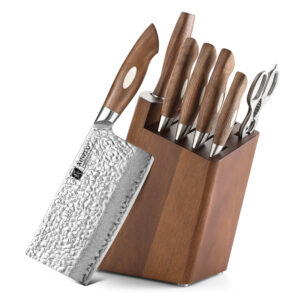 XINZUO New 8 Pcs Razor Sharp 67 Layers AUS10 Damascus Steel Walnut Wood Chinese Style Kitchen Chef Knife Set with Wooden Holder