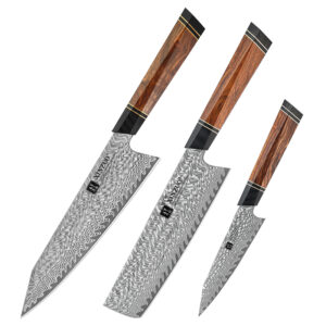 XINZUO 67 Layers Damascus 3PCS Knife Set Sharp Kitchen Nakiri Chef Knife Utility Knife with Wooden Gift Box