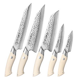 XINZUO 5Pcs Luxury Damascus Steel Knives New Design White G10 Handle Sharp Kitchen Chef Knife Set