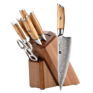 XINZUO 8pcs Damascus Powder Steel Custom Knives Japanese Kitchen Chef Knife Set with Wooden Holder