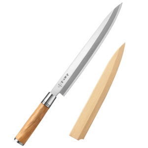 XINZUO Hot Sale Olive Wood Handle Sashimi Knife Professional Kitchen Sakimaru Japanese Sushi Yanagiba Knives with Wooden Sheath