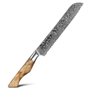 Unique Design Damascus Steel Kitchen Bread Knife with Figured Sycamore Wood Handle