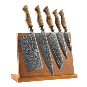 6Pcs Figured Sycamore Wood Handle Japanese Handmade Damascus Steel Kitchen Chef Knife Set with Magnetic Wooden Block