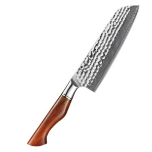14Cr Core Powder Damascus Steel Kitchen Santoku Knife with Rose Wood Handle