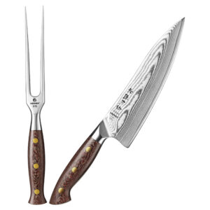 XINZUO Chef Knife Carving Fork 2 Pcs Set Custom Damascus Steel Kitchen Knives Micarta Handle BBQ Cooking