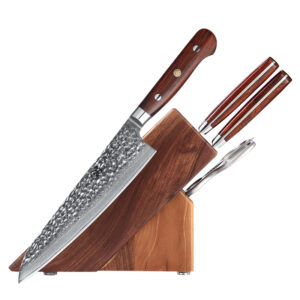 5PCS Professional High Carbon Damascus Steel Knives Set with Wooden Block Kitchen Chef Knife Rosewood Handle