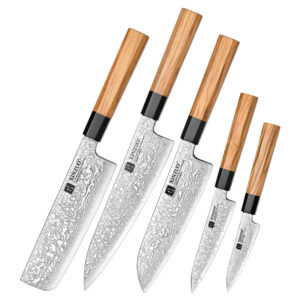XINZUO New Damascus Steel Knife Set 5 Pcs High Quality Olive Wood Handle Japanese Style Kitchen Knives