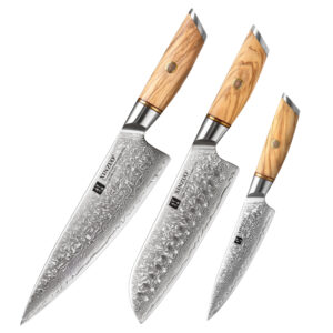 XINZUO 3PCS Sharp Kitchen Chef Knife Set Damascus Powder Steel Luxury Olive Wood Handle Japanese Style Knives