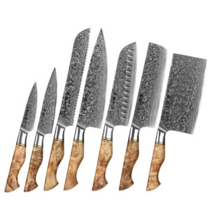 7 Pcs Kitchen Chef Knife Set Damascus Steel with Figured Sycamore Wood Handle Luxury Sharp Kitchen Knives Cutter