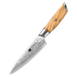 ODM New Rounded Corner Design 14Cr Core Powder Damascus Steel 73 Layers Olive Wood Handle Kitchen Utility Knife