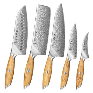 XINZUO New Chef Knife Set 5pcs Damascus Powder Steel Luxury Kitchen Knives Olive Wood Handle