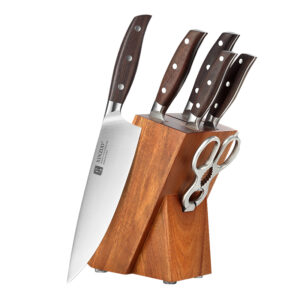 XINZUO 7Pcs Super Sharp Kitchen Chef Knife Set German Stainless Steel Red Sandal Wood Handle Knives with Wooden Block