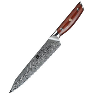 67 Layers Damascus Steel Bread Cutting Knife for Homemade Bread with Rose Wood Handle 8.5 Inch Kitchen Serrated Bread Knife
