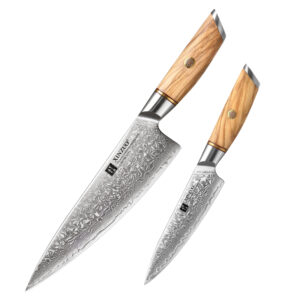 XINZUO 2Pcs Sharp Kitchen Chef Knife Set Custom Damascus Powder Steel 73 Layers Olive Wood Handle
