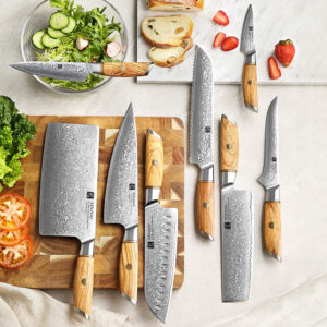 XINZUO High Quality Damascus Kitchen Chef Knife Powder Steel Olive Wood Sharp Knife Set