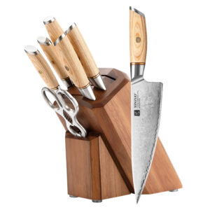 8 Pcs Hot Sale Composite Stainless Steel Pakka Wood Restaurant Kitchen Chef Knife Set with Sharpener Scissor Wooden Block
